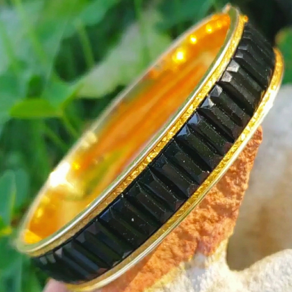 HTF Dunn Bros Onyx Rhinestone 10k Gold Etched Art Deco Designer Bangle Bracelet!